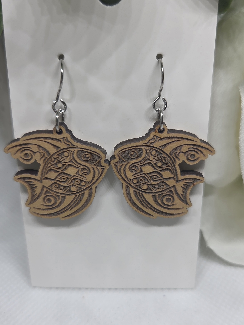 Carved Fish Wooden Dangle Earrings - Light Brown
